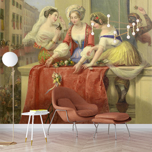 Big Illustration Retro Wall Mural for Accent Wall with Balcony and Ladies Design in Orange and Yellow