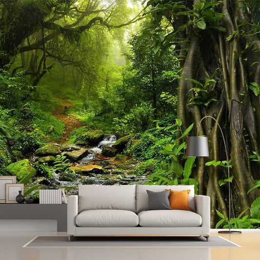 Green Contemporary Wall Art Personalized Size Deep Forest Mural Wallpaper for Dining Room