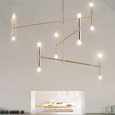 Bare Bulb Chandelier Lamp Mid-Century Metal 12 Lights Black/Gold Pendant Lamp with Horizontal Rod Gold Clearhalo 'Ceiling Lights' 'Chandeliers' 'Modern Chandeliers' 'Modern' Lighting' 115353