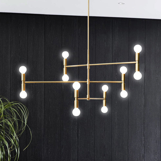 Bare Bulb Chandelier Lamp Mid-Century Metal 12 Lights Black/Gold Pendant Lamp with Horizontal Rod Clearhalo 'Ceiling Lights' 'Chandeliers' 'Modern Chandeliers' 'Modern' Lighting' 115355