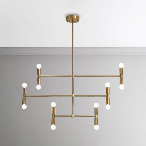 Bare Bulb Chandelier Lamp Mid-Century Metal 12 Lights Black/Gold Pendant Lamp with Horizontal Rod Clearhalo 'Ceiling Lights' 'Chandeliers' 'Modern Chandeliers' 'Modern' Lighting' 115356