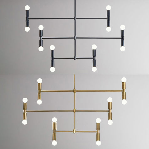 Bare Bulb Chandelier Lamp Mid-Century Metal 12 Lights Black/Gold Pendant Lamp with Horizontal Rod Clearhalo 'Ceiling Lights' 'Chandeliers' 'Modern Chandeliers' 'Modern' Lighting' 115357
