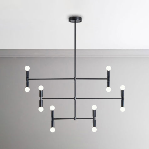 Bare Bulb Chandelier Lamp Mid-Century Metal 12 Lights Black/Gold Pendant Lamp with Horizontal Rod Black Clearhalo 'Ceiling Lights' 'Chandeliers' 'Modern Chandeliers' 'Modern' Lighting' 115358