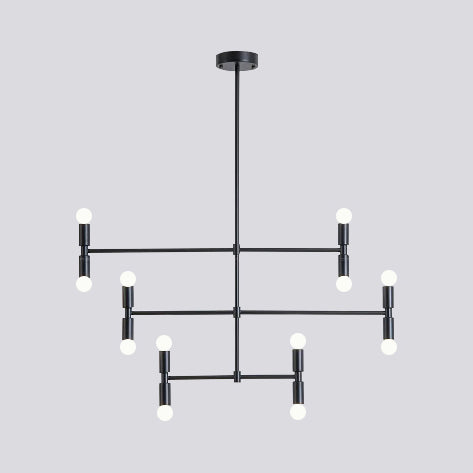 Bare Bulb Chandelier Lamp Mid-Century Metal 12 Lights Black/Gold Pendant Lamp with Horizontal Rod Clearhalo 'Ceiling Lights' 'Chandeliers' 'Modern Chandeliers' 'Modern' Lighting' 115359
