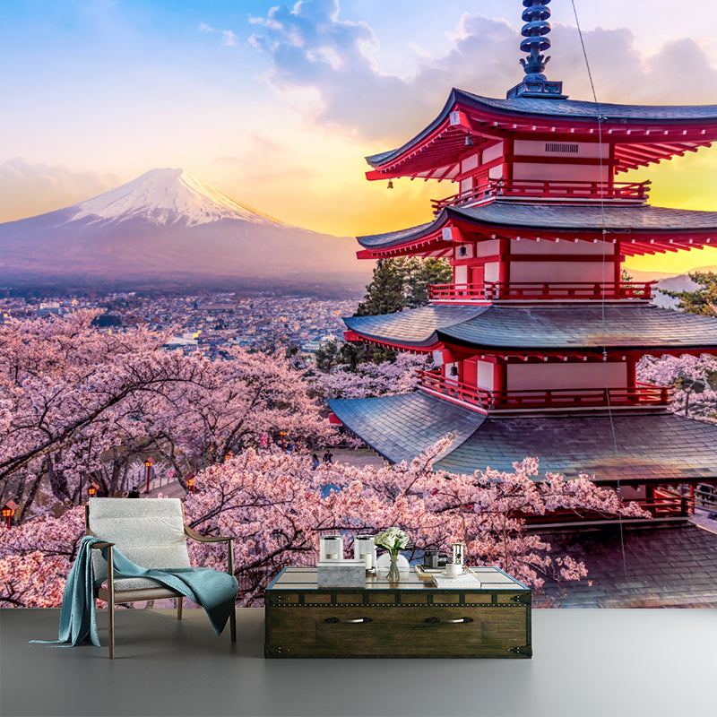 Pagoda and Cherry Blossom Mural Wallpaper Pink Japanese Style Wall