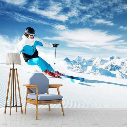 Full-Size Skiing Wall Paper Murals Blue and White Non-Woven Wall Art, Stain Resistant Blue-White Clearhalo 'Wall Decor' 'Wall Mural' 1154236