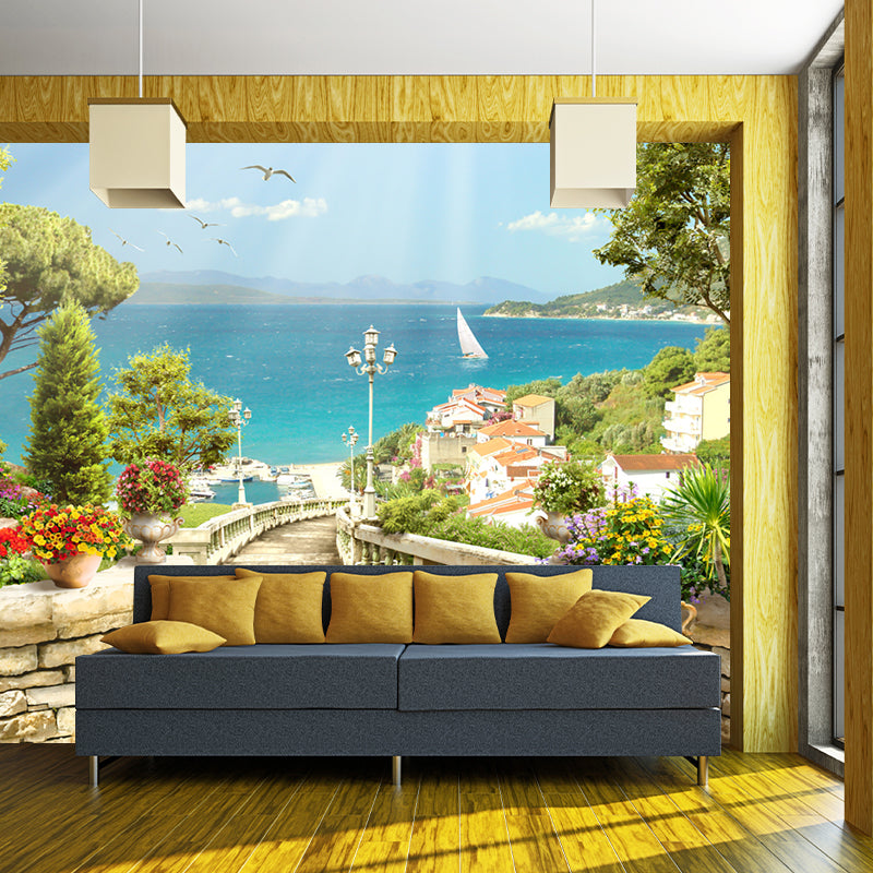 Modern Mediterranean Town Scenic Mural for Living Room Custom Wall Art in Blue-Green Blue-Green Clearhalo 'Wall Decor' 'Wall Mural' 1154251