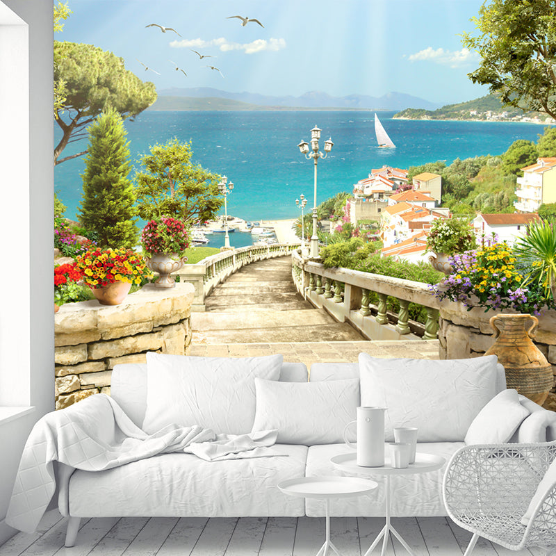 Modern Mediterranean Town Scenic Mural for Living Room Custom Wall Art in Blue-Green Clearhalo 'Wall Decor' 'Wall Mural' 1154252