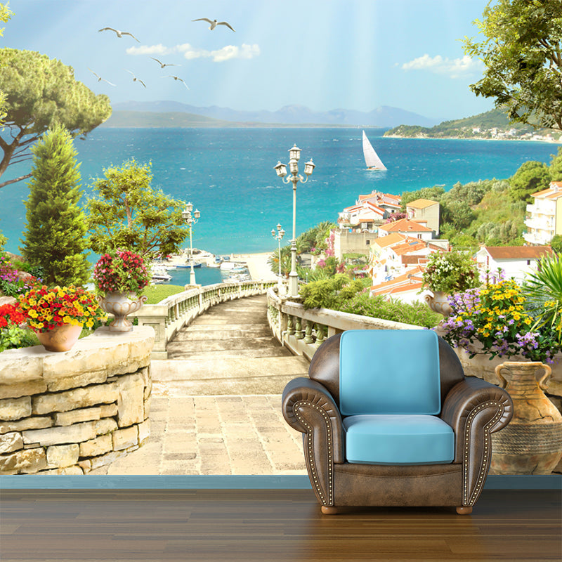 Modern Mediterranean Town Scenic Mural for Living Room Custom Wall Art in Blue-Green Clearhalo 'Wall Decor' 'Wall Mural' 1154253
