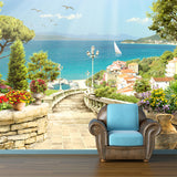 Modern Mediterranean Town Scenic Mural for Living Room Custom Wall Art in Blue-Green Clearhalo 'Wall Decor' 'Wall Mural' 1154253