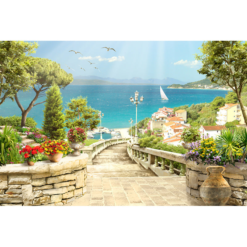 Modern Mediterranean Town Scenic Mural for Living Room Custom Wall Art in Blue-Green Clearhalo 'Wall Decor' 'Wall Mural' 1154254