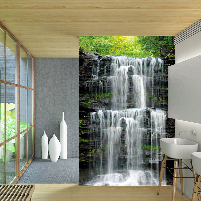 Customized Forest Scene Mural Wallpaper Modern Waterfall Wall Decor in Grey and Green Clearhalo 'Wall Decor' 'Wall Mural' 1154324
