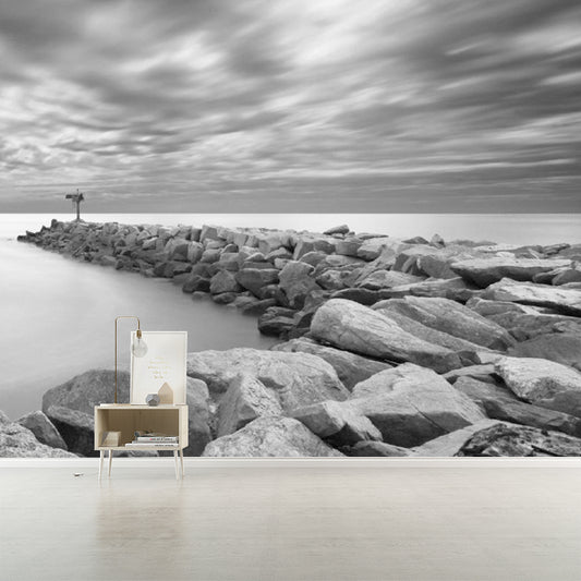 Stain Resistant Mural Nordic Non-Woven Fabric Wall Decor with Stone Beach and Low Range Sky Pattern