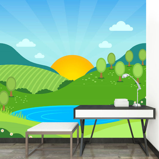 Full-Size Cartoon Murals Wallpaper Blue-Yellow-Green Sunrise at Hills Wall Art for Child Room Clearhalo 'Wall Decor' 'Wall Mural' 1154388