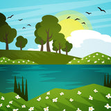 Cartoon Scenery Spring Lake Murals Blue-Yellow-Green Moisture Resistant Wall Art for Nursery Clearhalo 'Wall Decor' 'Wall Mural' 1154425