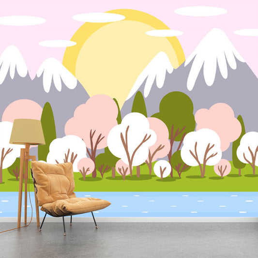 Stain-Resistant Mural Cartoon Non-Woven Wall Decor with Lake in Early Spring Pattern