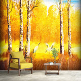 Orange-Yellow Classic Wallpaper Murals Large Crane in Autumn Forest Patterned Wall Decor for Living Room Clearhalo 'Wall Decor' 'Wall Mural' 1154525