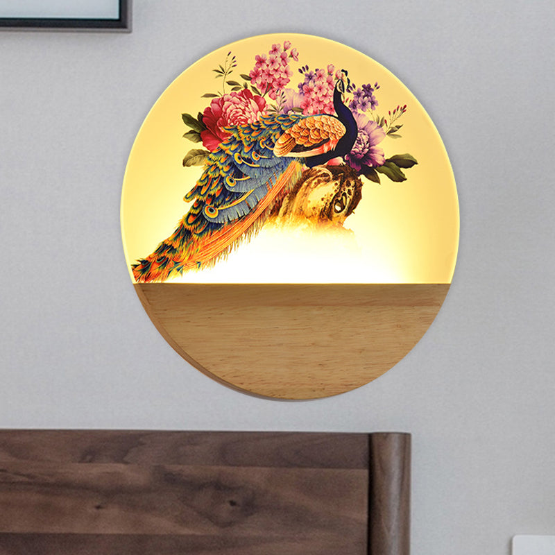Circular Peacock/Blossoms Wall Mural Lamp Asia Style Acrylic LED Wood Wall Mount Light Fixture for Bedroom Wood A Clearhalo 'Wall Lamps & Sconces' 'Wall Lights' Lighting' 1155230