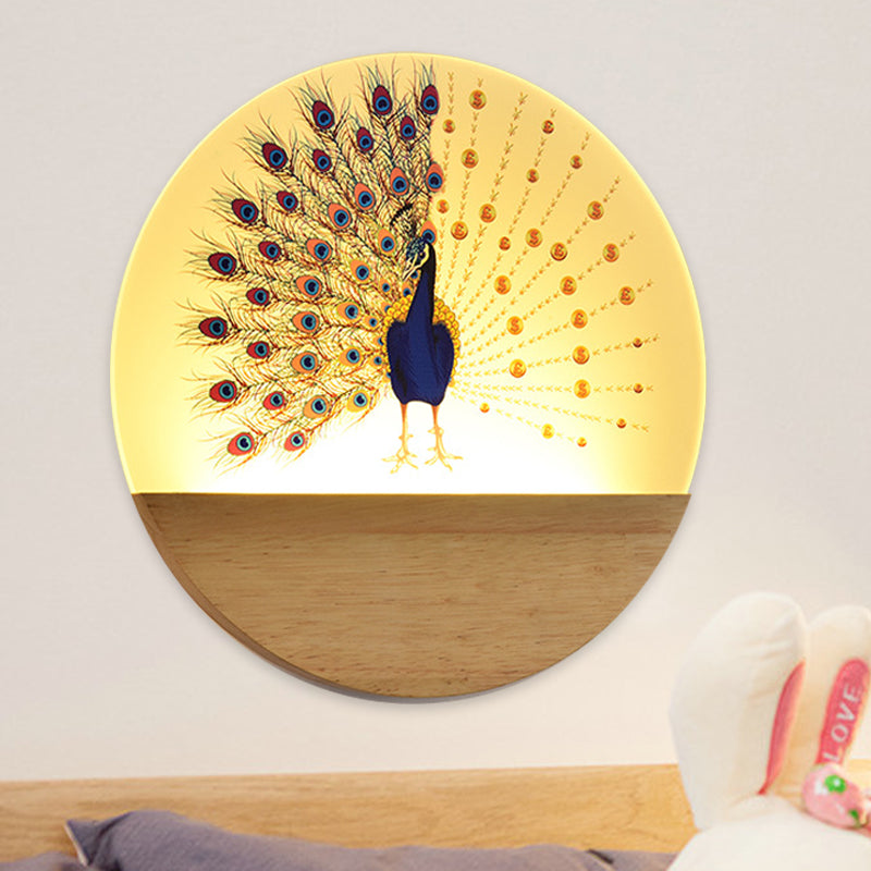 Circular Peacock/Blossoms Wall Mural Lamp Asia Style Acrylic LED Wood Wall Mount Light Fixture for Bedroom Wood B Clearhalo 'Wall Lamps & Sconces' 'Wall Lights' Lighting' 1155234