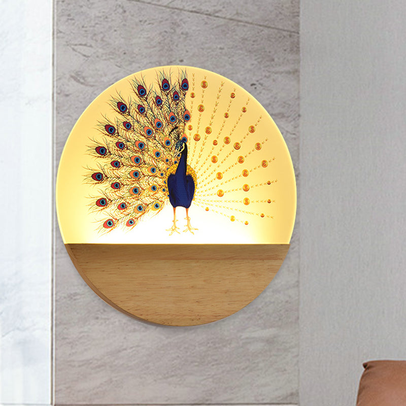 Circular Peacock/Blossoms Wall Mural Lamp Asia Style Acrylic LED Wood Wall Mount Light Fixture for Bedroom Clearhalo 'Wall Lamps & Sconces' 'Wall Lights' Lighting' 1155235