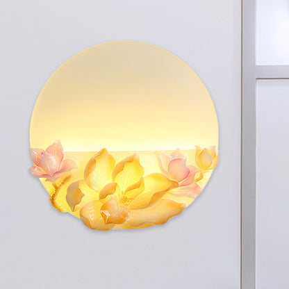 Pink and White Circular Magnolia Wall Lighting Oriental Style LED Acrylic Wall Mural Light Pink-White Clearhalo 'Wall Lamps & Sconces' 'Wall Lights' Lighting' 1155328