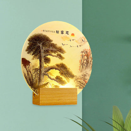 Round Pine Tree and Mountain Wall Light Oriental Style Acrylic LED Wood Wall Mural Lamp Wood Clearhalo 'Wall Lamps & Sconces' 'Wall Lights' Lighting' 1155354