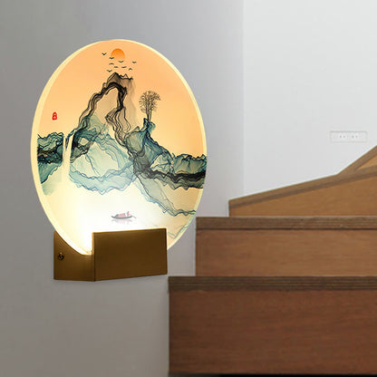 Blue Rounded Wall Mural Lamp Chinese Style LED Acrylic Wall Light Fixture with Mountain and Sun Pattern Blue Clearhalo 'Wall Lamps & Sconces' 'Wall Lights' Lighting' 1155433