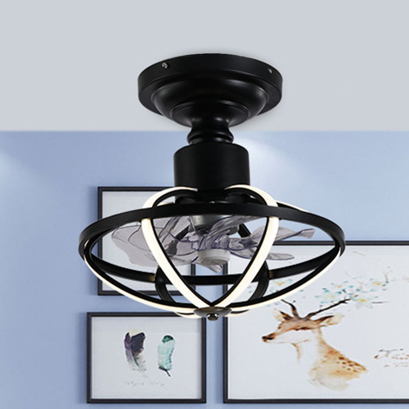 Caged Living Room Ceiling Light with Fan Aluminum 6-Blade Industrial LED Semi Flush Mount in Black, 17" W Black Clearhalo 'Ceiling Fans with Lights' 'Ceiling Fans' 'Modern Ceiling Fans' 'Modern' Lighting' 1155465