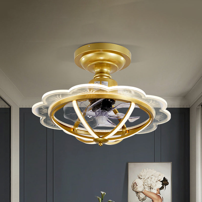 22.5" W Dining Room LED Fan Light Kit Postmodern Gold Semi Flush Mount with Scalloped Metal Cage, 6 Blades Gold Clearhalo 'Ceiling Fans with Lights' 'Ceiling Fans' 'Modern Ceiling Fans' 'Modern' Lighting' 1155469