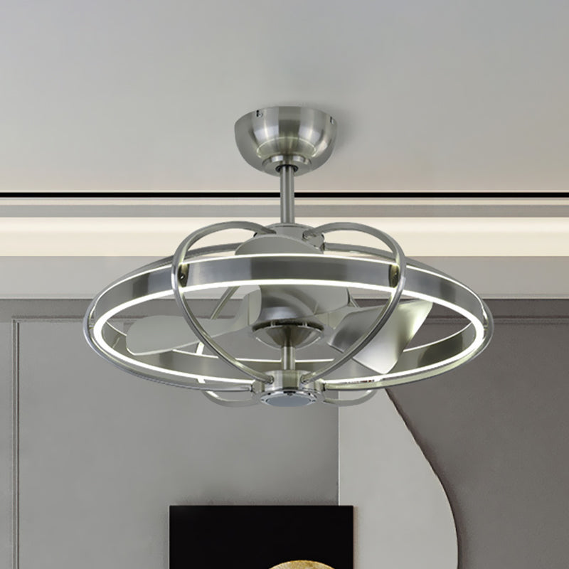 Cage Flush Mount Fan Light Modern Style Metal 3 Blades Nickel Finish LED Semi Flush Ceiling Light Fixture, 27.5" Width Nickel Clearhalo 'Ceiling Fans with Lights' 'Ceiling Fans' 'Modern Ceiling Fans' 'Modern' Lighting' 1155485