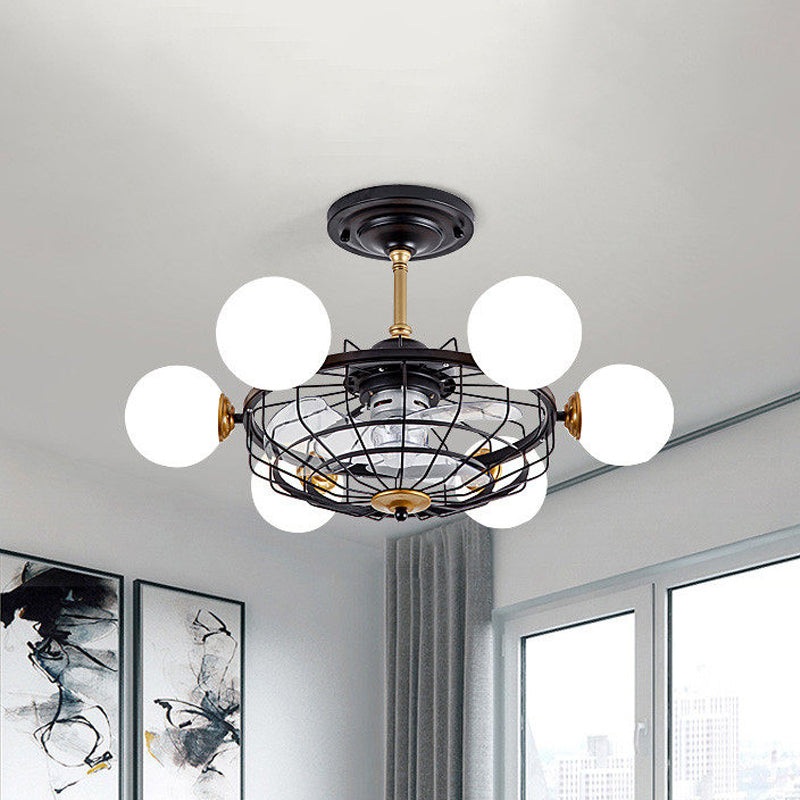 Cream Glass Ball Semi Flush Mount Light Contemporary 6-Head 29.5" W Ceiling Fan Lamp with Black Cage, 3-Blade Black Clearhalo 'Ceiling Fans with Lights' 'Ceiling Fans' 'Modern Ceiling Fans' 'Modern' Lighting' 1155493
