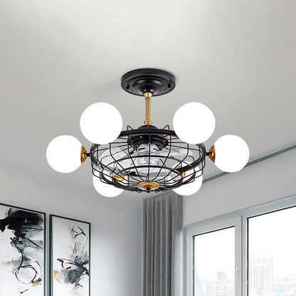 Cream Glass Ball Semi Flush Mount Light Contemporary 6-Head 29.5" W Ceiling Fan Lamp with Black Cage, 3-Blade Black Clearhalo 'Ceiling Fans with Lights' 'Ceiling Fans' 'Modern Ceiling Fans' 'Modern' Lighting' 1155493