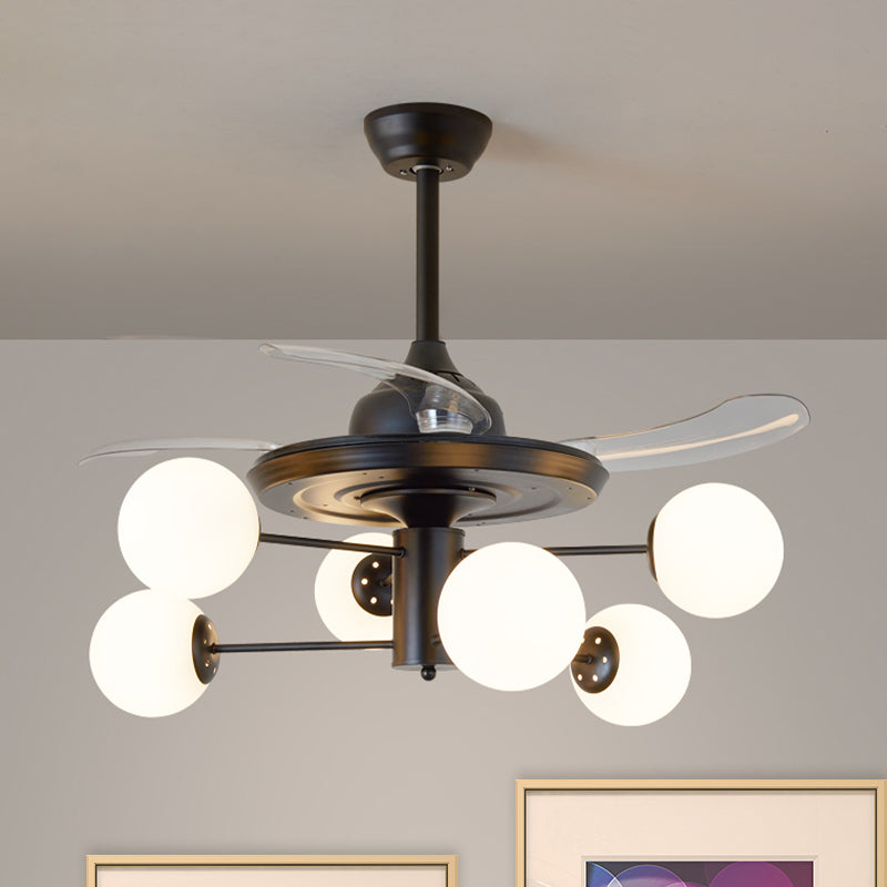 Black Tiered Semi Mount Lighting Rural 6 Bulbs Opal Ball Glass Ceiling Fan with 3 Clear Blades, 29.5" Wide Black Clearhalo 'Ceiling Fans with Lights' 'Ceiling Fans' 'Modern Ceiling Fans' 'Modern' Lighting' 1155497