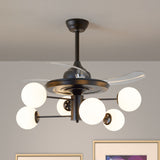 Black Tiered Semi Mount Lighting Rural 6 Bulbs Opal Ball Glass Ceiling Fan with 3 Clear Blades, 29.5" Wide Black Clearhalo 'Ceiling Fans with Lights' 'Ceiling Fans' 'Modern Ceiling Fans' 'Modern' Lighting' 1155497