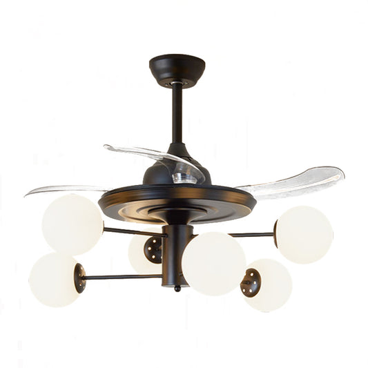 Black Tiered Semi Mount Lighting Rural 6 Bulbs Opal Ball Glass Ceiling Fan with 3 Clear Blades, 29.5" Wide Clearhalo 'Ceiling Fans with Lights' 'Ceiling Fans' 'Modern Ceiling Fans' 'Modern' Lighting' 1155498