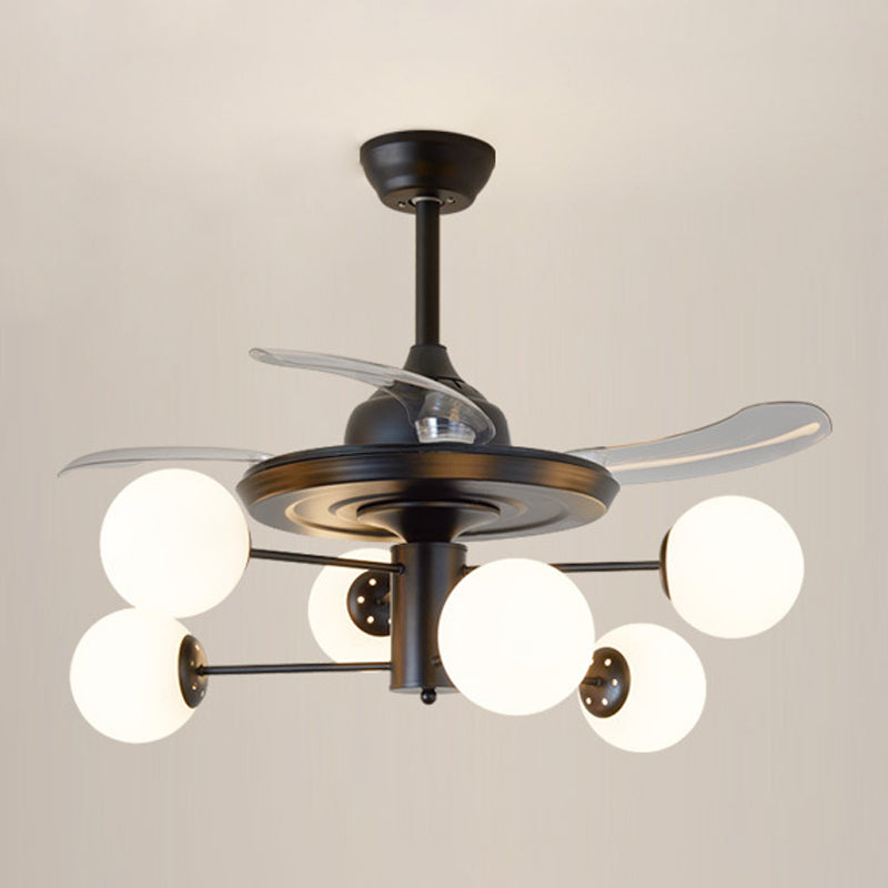 Black Tiered Semi Mount Lighting Rural 6 Bulbs Opal Ball Glass Ceiling Fan with 3 Clear Blades, 29.5" Wide Clearhalo 'Ceiling Fans with Lights' 'Ceiling Fans' 'Modern Ceiling Fans' 'Modern' Lighting' 1155499