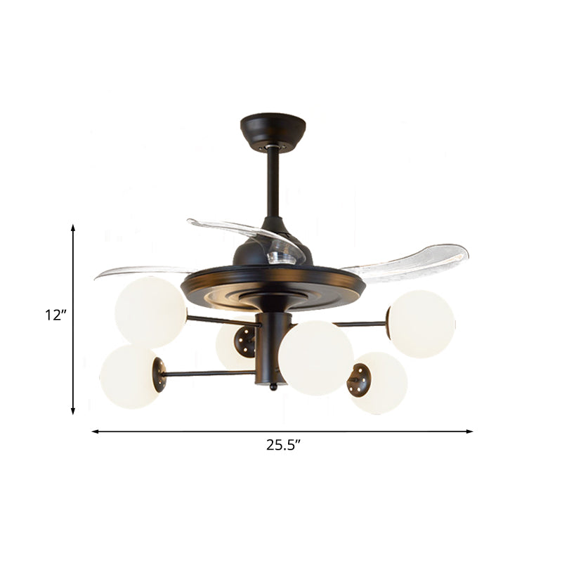 Black Tiered Semi Mount Lighting Rural 6 Bulbs Opal Ball Glass Ceiling Fan with 3 Clear Blades, 29.5" Wide Clearhalo 'Ceiling Fans with Lights' 'Ceiling Fans' 'Modern Ceiling Fans' 'Modern' Lighting' 1155500