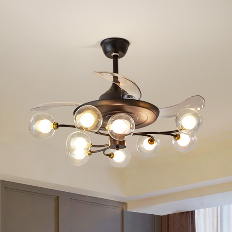 Branching Semi Flush Chandelier Rustic Clear Ball Glass 9-Bulb Black Fan Lighting with 3 Blades, 25.5" Width Black Clearhalo 'Ceiling Fans with Lights' 'Ceiling Fans' 'Modern Ceiling Fans' 'Modern' Lighting' 1155501
