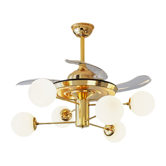 Postmodern 3 Blades Burst Arm Fan Light Milk Glass 6 Heads Living Room Semi Flush Mount Chandelier in Gold, 38" Wide Clearhalo 'Ceiling Fans with Lights' 'Ceiling Fans' 'Modern Ceiling Fans' 'Modern' Lighting' 1155507
