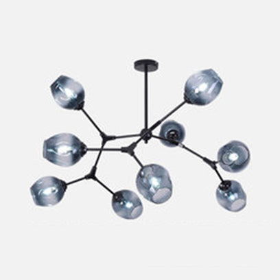 Black Branch Chandelier Modern Nordic Style 6/8/9 Lights Amber/Blue/Clear Glass Ceiling Light with Adjustable Arm 9 Blue Clearhalo 'Ceiling Lights' 'Chandeliers' 'Clear' 'Glass shade' 'Glass' 'Industrial' 'Modern Chandeliers' 'Modern' 'Tiffany' 'Traditional Chandeliers' Lighting' 115638