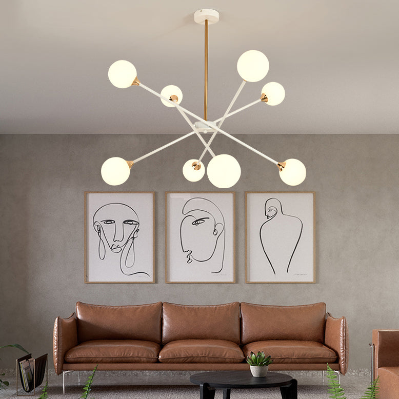 Contemporary White Arm Chandelier Line Metallic Amber//Clear/Silver/Smoke Grey/White Suspension Light with Spherical Shade for Study Room Clearhalo 'Ceiling Lights' 'Chandeliers' 'Clear' 'Industrial' 'Modern Chandeliers' 'Modern' 'Tiffany' 'Traditional Chandeliers' Lighting' 116400