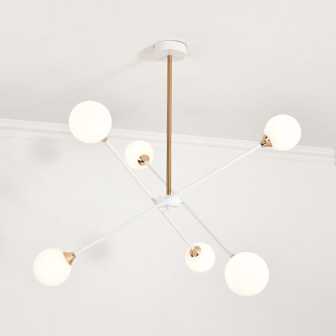 Contemporary White Arm Chandelier Line Metallic Amber//Clear/Silver/Smoke Grey/White Suspension Light with Spherical Shade for Study Room 6 White Clearhalo 'Ceiling Lights' 'Chandeliers' 'Clear' 'Industrial' 'Modern Chandeliers' 'Modern' 'Tiffany' 'Traditional Chandeliers' Lighting' 116401