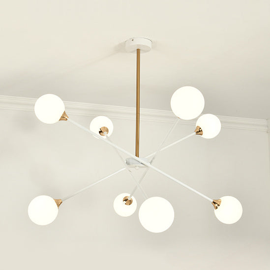 Contemporary White Arm Chandelier Line Metallic Amber//Clear/Silver/Smoke Grey/White Suspension Light with Spherical Shade for Study Room 8 White Clearhalo 'Ceiling Lights' 'Chandeliers' 'Clear' 'Industrial' 'Modern Chandeliers' 'Modern' 'Tiffany' 'Traditional Chandeliers' Lighting' 116402