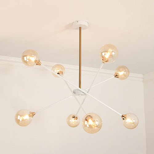 Contemporary White Arm Chandelier Line Metallic Amber//Clear/Silver/Smoke Grey/White Suspension Light with Spherical Shade for Study Room 8 Amber Clearhalo 'Ceiling Lights' 'Chandeliers' 'Clear' 'Industrial' 'Modern Chandeliers' 'Modern' 'Tiffany' 'Traditional Chandeliers' Lighting' 116404