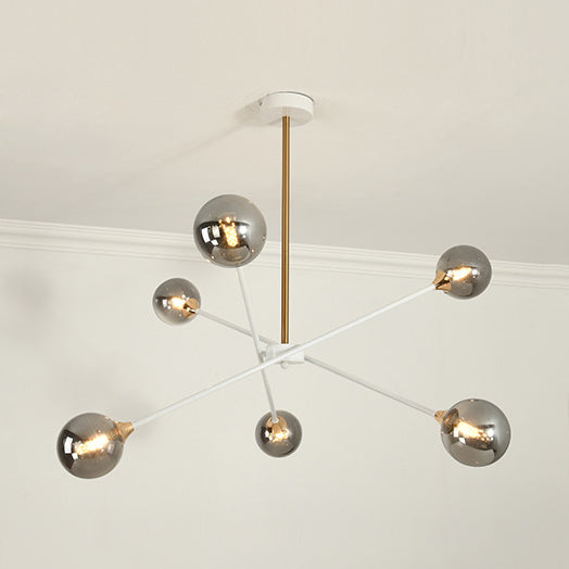 Contemporary White Arm Chandelier Line Metallic Amber//Clear/Silver/Smoke Grey/White Suspension Light with Spherical Shade for Study Room 6 Smoke Gray Clearhalo 'Ceiling Lights' 'Chandeliers' 'Clear' 'Industrial' 'Modern Chandeliers' 'Modern' 'Tiffany' 'Traditional Chandeliers' Lighting' 116405
