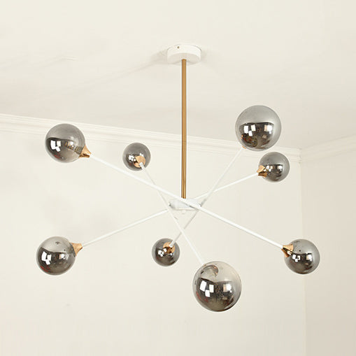 Contemporary White Arm Chandelier Line Metallic Amber//Clear/Silver/Smoke Grey/White Suspension Light with Spherical Shade for Study Room 8 Smoke Gray Clearhalo 'Ceiling Lights' 'Chandeliers' 'Clear' 'Industrial' 'Modern Chandeliers' 'Modern' 'Tiffany' 'Traditional Chandeliers' Lighting' 116406