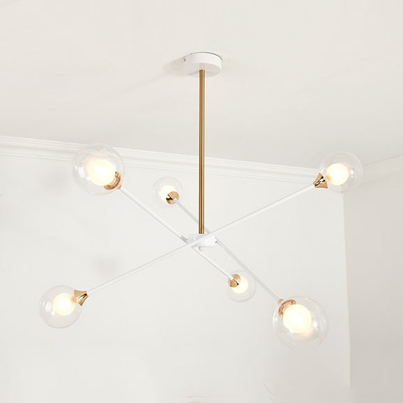 Contemporary White Arm Chandelier Line Metallic Amber//Clear/Silver/Smoke Grey/White Suspension Light with Spherical Shade for Study Room 6 Clear Clearhalo 'Ceiling Lights' 'Chandeliers' 'Clear' 'Industrial' 'Modern Chandeliers' 'Modern' 'Tiffany' 'Traditional Chandeliers' Lighting' 116407