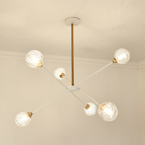 Contemporary White Arm Chandelier Line Metallic Amber//Clear/Silver/Smoke Grey/White Suspension Light with Spherical Shade for Study Room 6 Silver Clearhalo 'Ceiling Lights' 'Chandeliers' 'Clear' 'Industrial' 'Modern Chandeliers' 'Modern' 'Tiffany' 'Traditional Chandeliers' Lighting' 116409