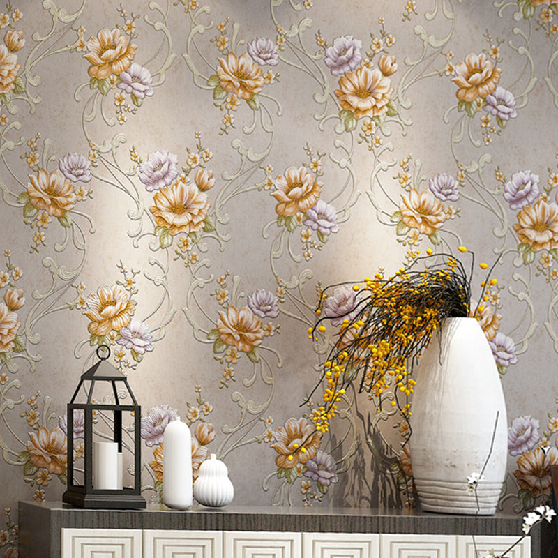 Country Light Color Non-Woven Wall Art Smooth Blooming Peony Unpasted Wallpaper Roll Grey Clearhalo 'Country wall decor' 'Rustic' 'Wallpaper' Wall Decor' 1170027