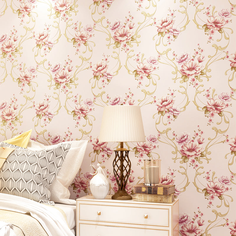 Country Light Color Non-Woven Wall Art Smooth Blooming Peony Unpasted Wallpaper Roll Beige Clearhalo 'Country wall decor' 'Rustic' 'Wallpaper' Wall Decor' 1170037